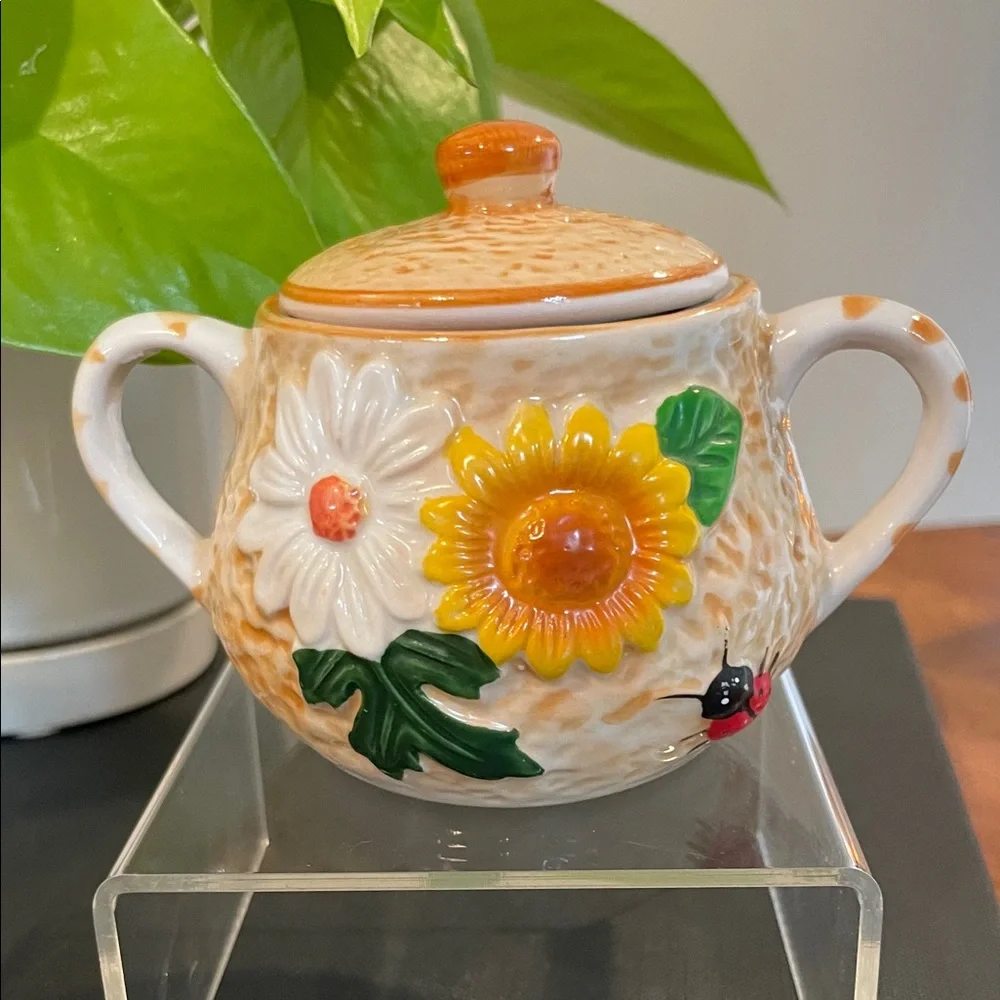 Vintage Casa Nova Sugar & Creamer Set | Sunflowers & Ladybugs | Ceramic Tray